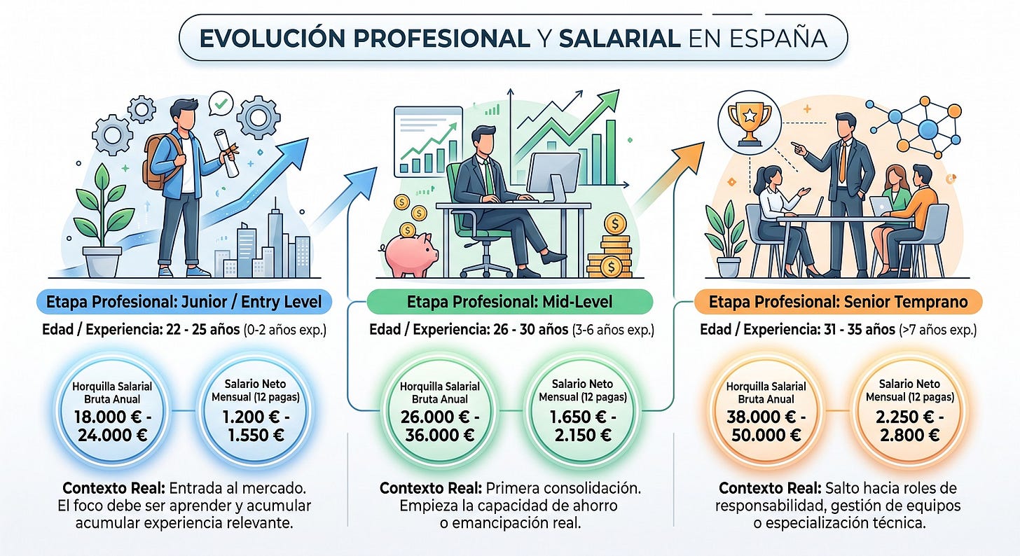 Evolución de profesional y salarial esperada de un joven en España 2026-2027 Evolución de profesional y salarial esperada de un joven en España 2026-2027