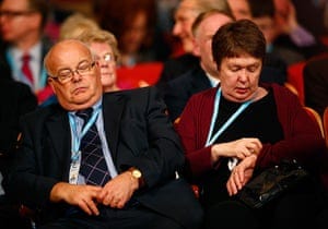 Sleeping delegates: A delegate sleeps as  Francis Maude speaks