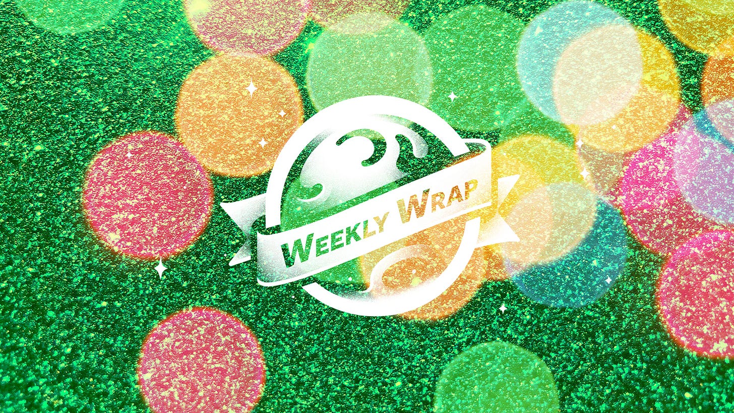 A graphic featuring a white logo with the text "WEEKLY WRAP" on a ribbon banner. The background is a bright, sparkly, textured green with many large, out-of-focus bokeh circles in colors like red, orange, yellow, and blue, giving it a festive, Christmas light appearance.