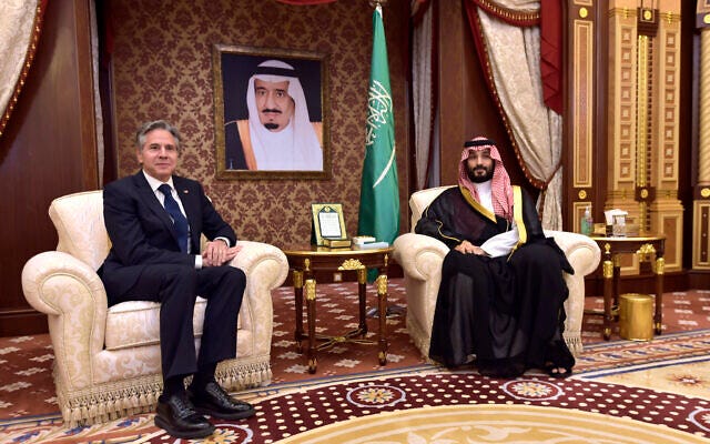 Saudi Arabia's Crown Prince Mohammed bin Salman, left, meets with US Secretary of State Antony Blinken in Jeddah on June 7, 2023. (Amer Hilabi/Pool Photo via AP) Saudi Arabia's Crown Prince Mohammed bin Salman, left, meets with US Secretary of State Antony Blinken in Jeddah on June 7, 2023. (Amer Hilabi/Pool Photo via AP)