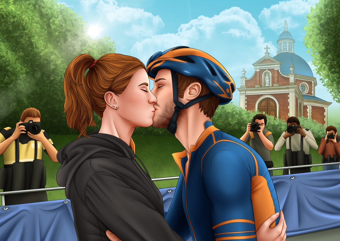 fan art of Lori and Seb kissing at the finish line of the Paris-Roubaix cycle race