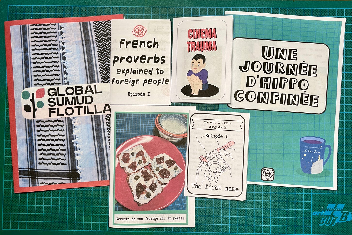 Photo des 6 zines que j'ai créés pour l'événement : 3 mini zines, 2 booklets format A5, un booklet format A6.