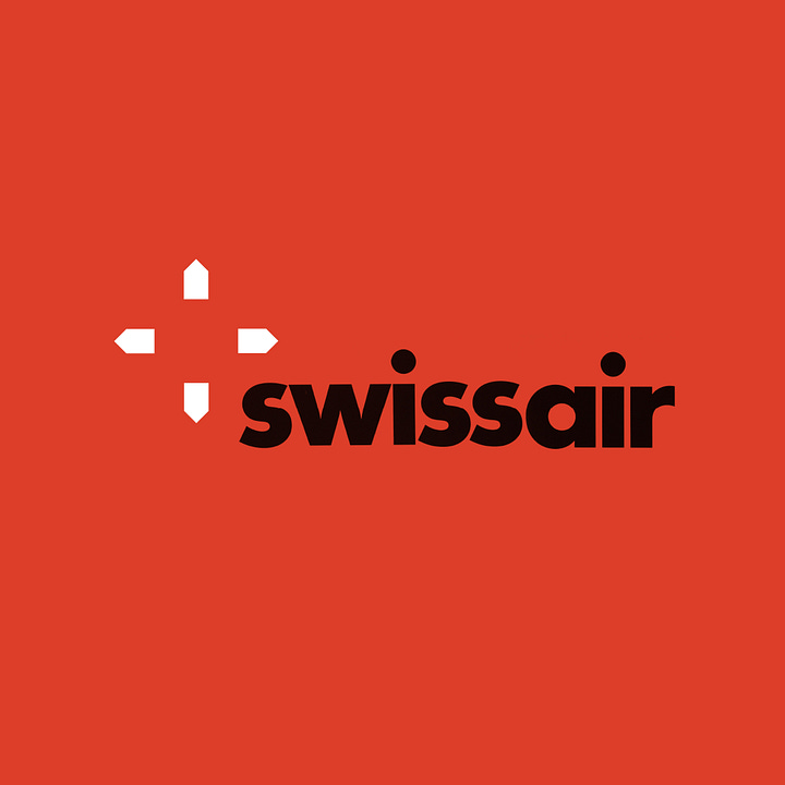 Logo concepts by Karl Gerstner for Swissair. These explore variations on the Swiss cross, arrows and a type treatment that see the name Swissair rise into the air on the right.