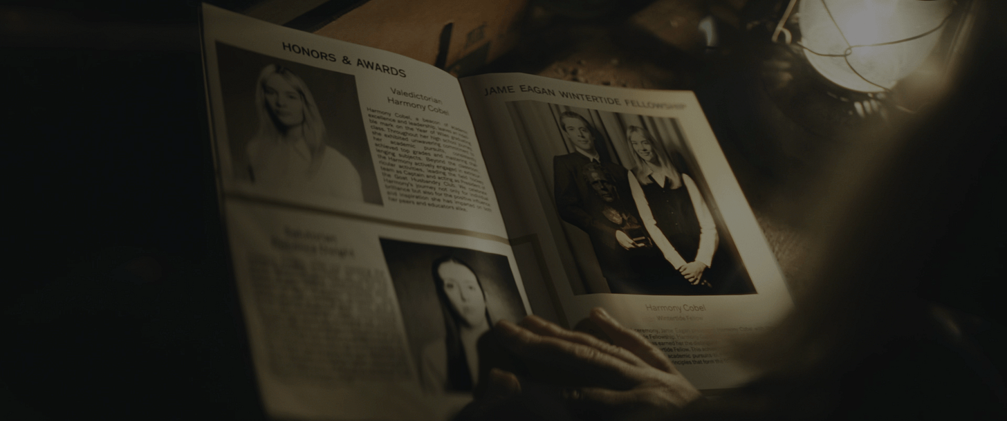 A spread of an old Myrtle Eagan School yearbook that says "Honors and Awards" showing Harmony Cobel as the valedictorian and earning the Jame Eagan Wintertide Fellowship