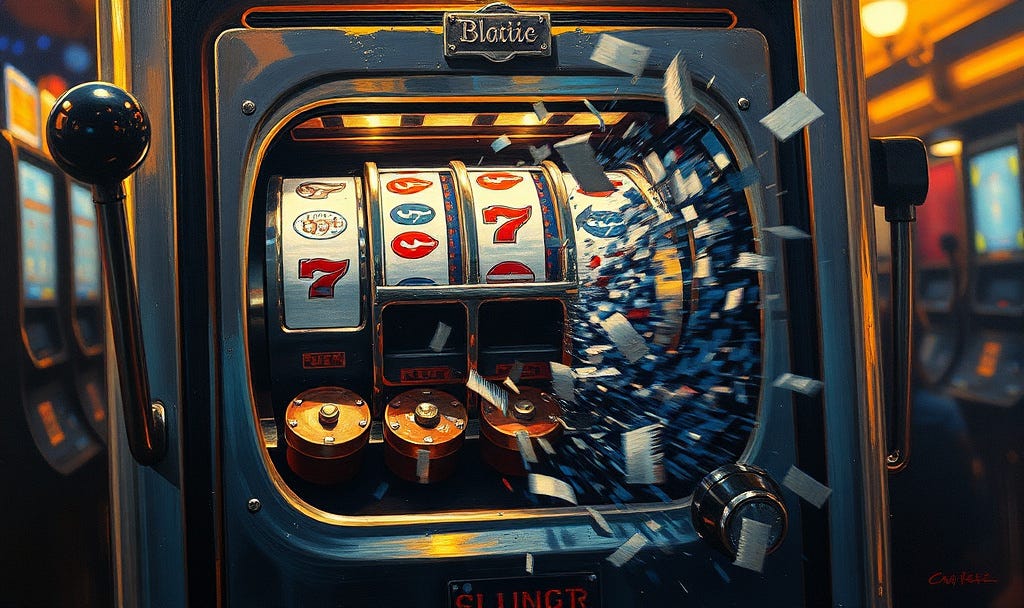 "Oil painting of a vintage slot machine with its lever pulled, mechanical reels spinning and scattering into chaotic fragments, warm casino lighting contrasting with cool blue shadows, thick impasto brushwork showing metal textures and motion blur, traditional realist style with surreal elements of dissolution." And forged signature.