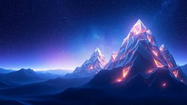 A Digital Rendering of Crystal Mountains Glowing Under a Starry ...