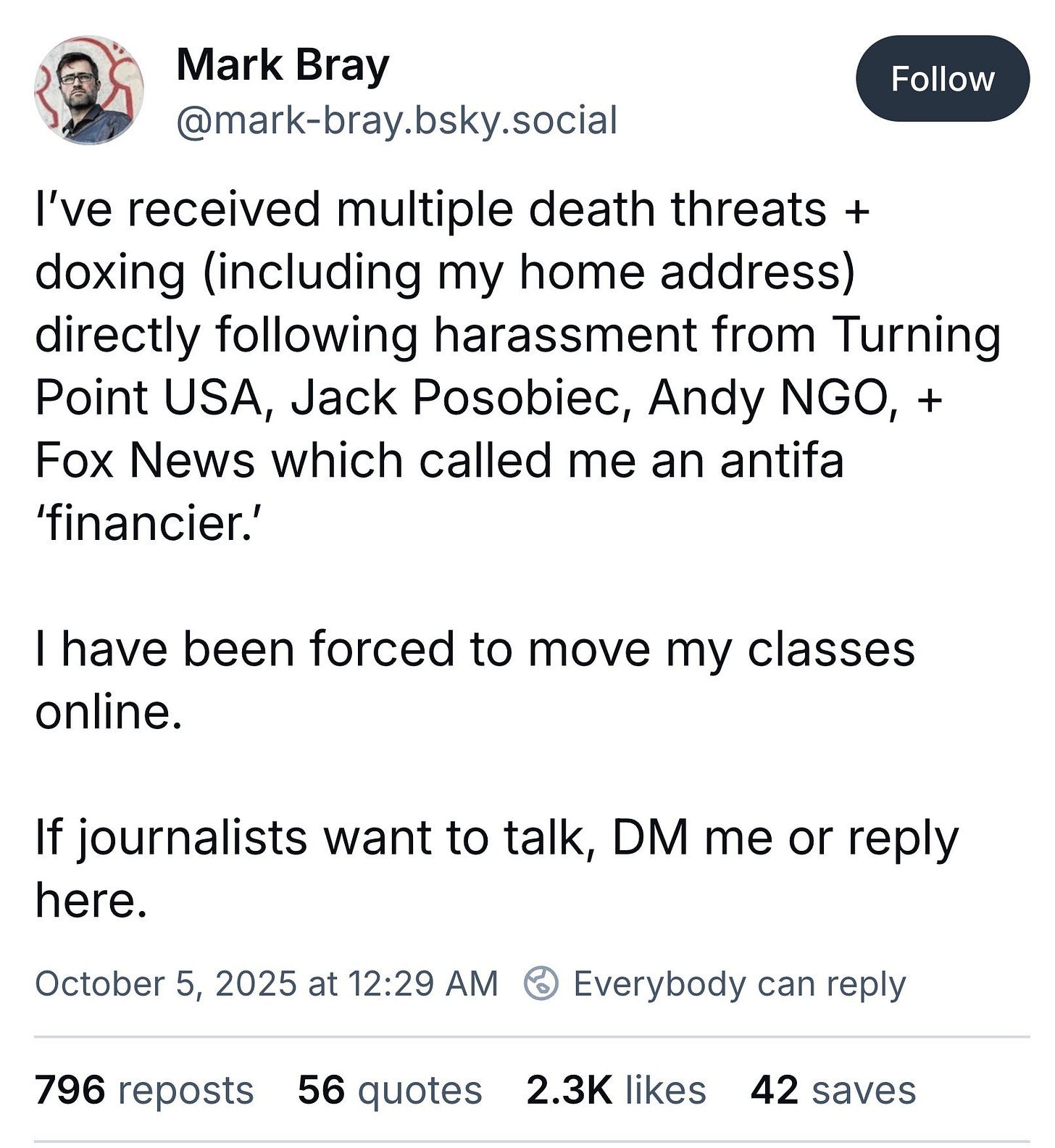 Twitter post by Mark Bray discussing threats and harassment he received, mentioning doxing and the impact on his teaching.
