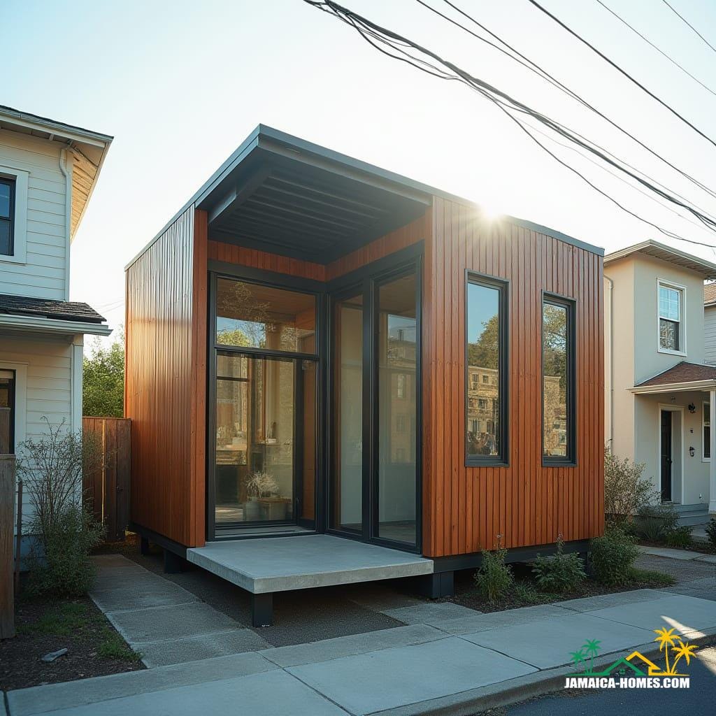 Urban Steel-Clad Mini Home Design: Single-level steel-frame module with concrete floor