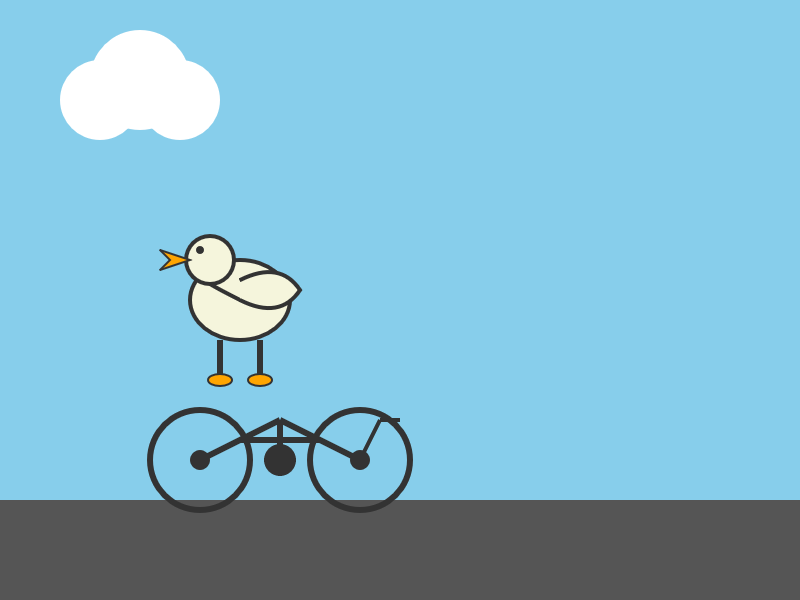Nice cloud. Pelican isn't great, the beak is missing the pouch. It's floating above the bicycle which has two wheels and an incorrect frame. Nice cloud. Pelican isn't great, the beak is missing the pouch. It's floating above the bicycle which has two wheels and an incorrect frame.