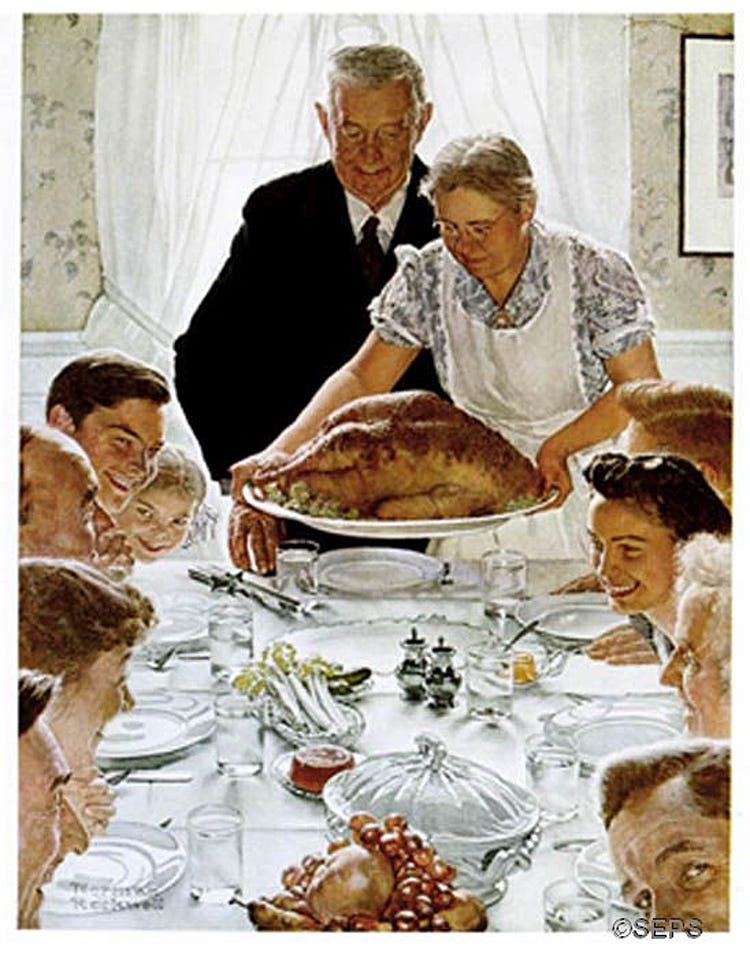 One of Norman Rockwell’s most well known and adored paintings, “Freedom from Want” was never actually on the cover of the Saturday Evening Post, and it was not published for Thanksgiving Day. It appeared as an inside illustration in the March 6, 1943 issue, along with three other images that represented President Franklin D. Roosevelt’s Four Freedoms: Freedom of Speech, Freedom of Worship, and Freedom from Fear. 