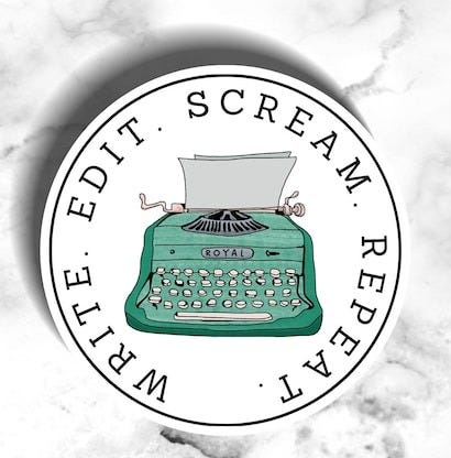 May include: A white sticker with a black circle around a green typewriter with the words 'WRITE. EDIT. SCREAM. REPEAT.' around the circle.