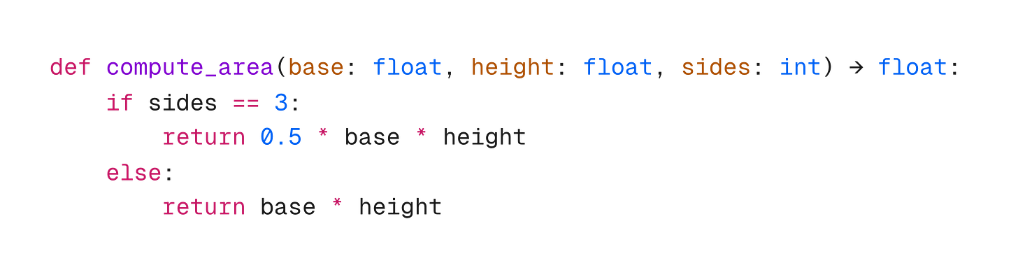 Python code showing the same `compute_area` function from above, but with added type annotations.