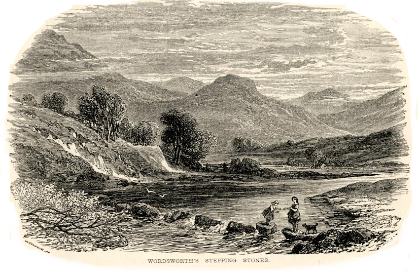 engraving, river, stepping stones, hills
