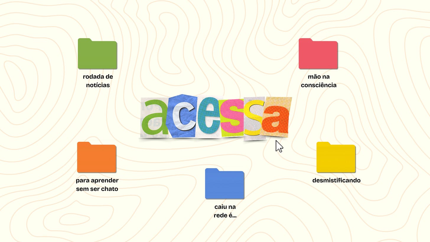 com um fundo branco, vemos a palavra "acessa" em letras de jornal cortadas, ao redor do logo, tem pastas de computador com o nome de cada sessão dessa newsletter com um fundo branco, vemos a palavra "acessa" em letras de jornal cortadas, ao redor do logo, tem pastas de computador com o nome de cada sessão dessa newsletter