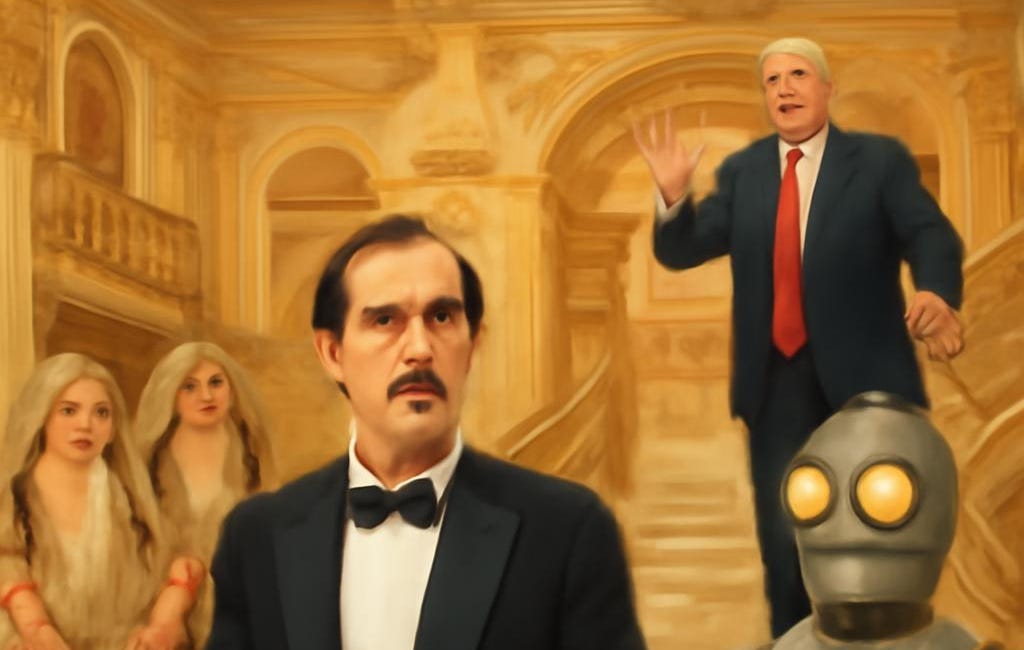 Trump Towers: A Comedy of Errors in the Age of Artificial Intelligence . Circular Story experiment no 7 . Basil Fawlty looks after the Nobel Laureates Mara Lago.