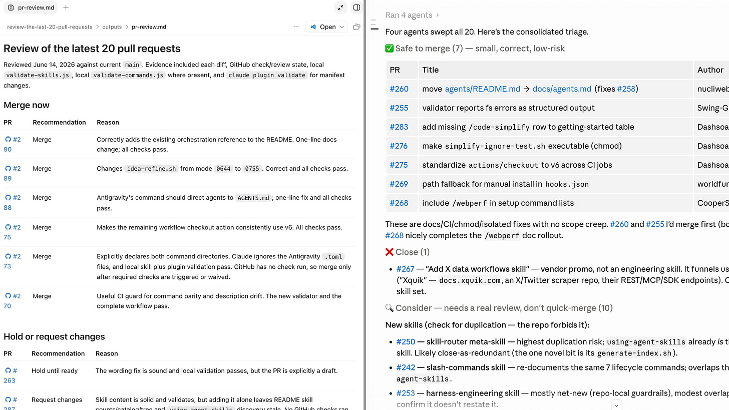 Claude Code and Codex running side by side, each producing a risk-sorted summary of a batch of pull requests on one of my projects.