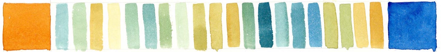 Watercolor swatch page from graphic novelist K. Woodman-Maynard.