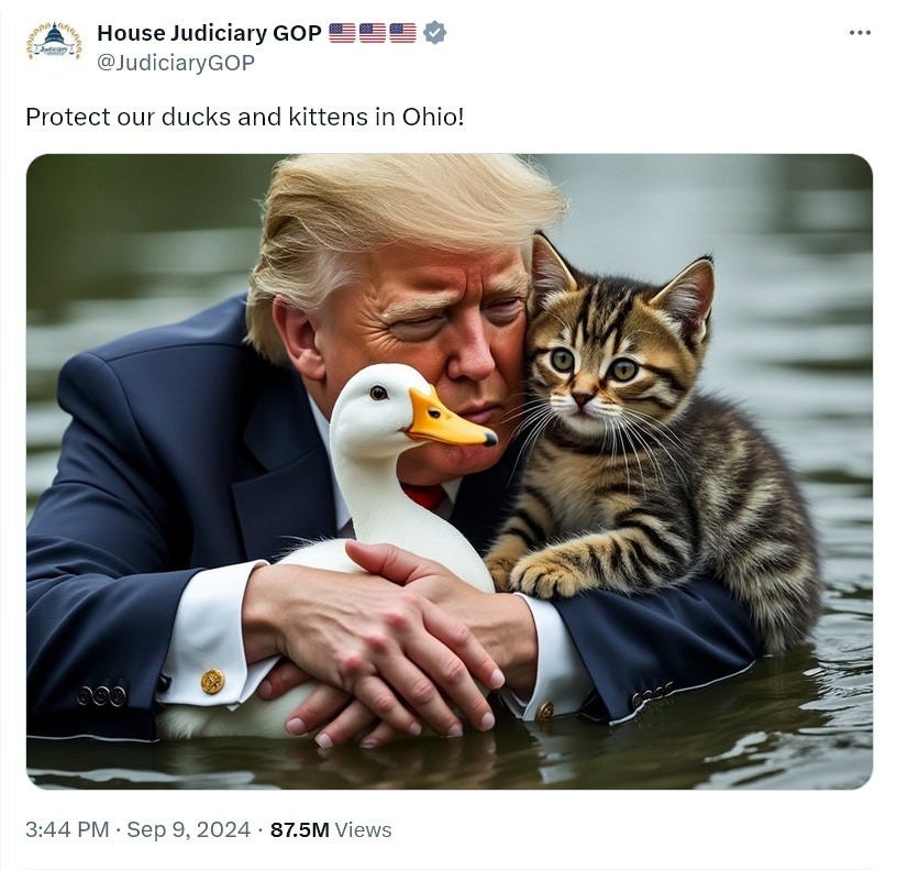 Twitter post by the Republican Party's account for the United States House Committee on the Judiciary on September 9, 2024, referencing the hoax with an AI-generated picture of Donald Trump hugging a cat and a duck and the caption "Protect our ducks and kittens in Ohio!" (US House GOP Judiciary Committee via x.com)