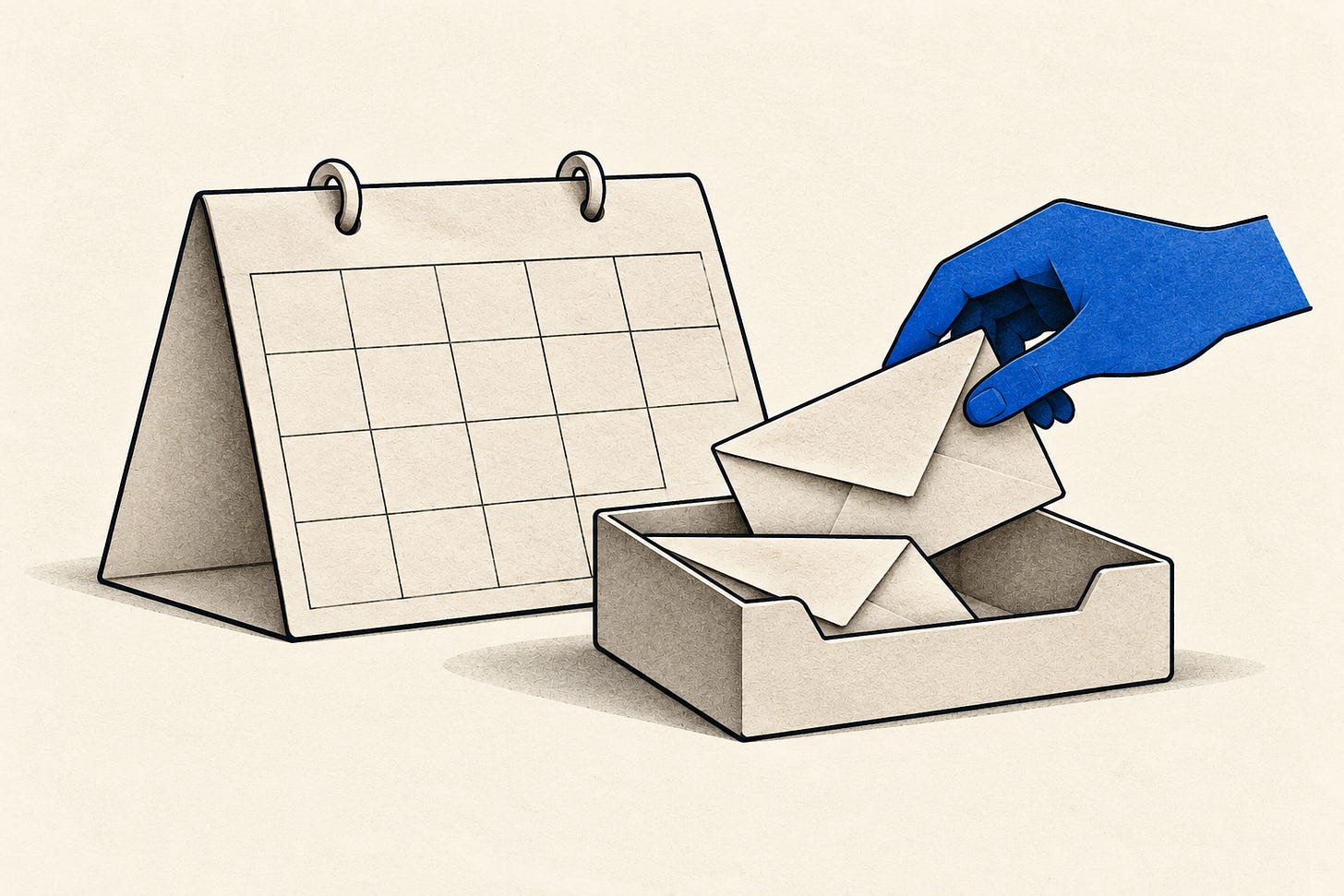 Paper-cut illustration of a cobalt hand sorting envelopes beside an ivory calendar.