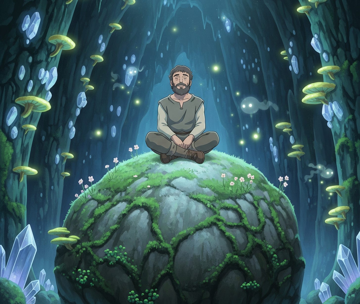 A Ghibli-style illustration of a bearded man sitting peacefully cross-legged on a huge, moss-covered boulder. He is in a vast cavern lit by the gentle, ethereal glow of blue crystals and bioluminescent mushrooms growing on the walls. The atmosphere is serene and magical, with small orbs of light and a whimsical spirit floating in the background.