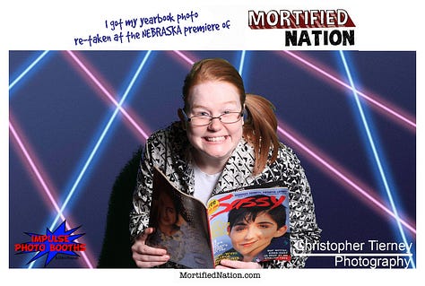 Several images with a laser light background. People wearing 80s hats, scarves, holding Sassy Magazine, or a piccolo, very retro and silly