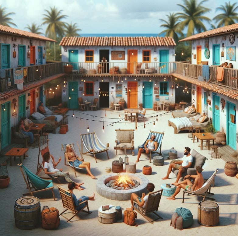 A vibrant, rustic courtyard surrounded by colorful two-story guest rooms with teal, blue, and orange doors. Mismatched chairs, hammocks, and poufs encircle a fire pit in the sandy center, where a diverse group of people are gathered in conversation and relaxation under string lights. Palm trees and ocean can be seen in the background. A vibrant, rustic courtyard surrounded by colorful two-story guest rooms with teal, blue, and orange doors. Mismatched chairs, hammocks, and poufs encircle a fire pit in the sandy center, where a diverse group of people are gathered in conversation and relaxation under string lights. Palm trees and ocean can be seen in the background.