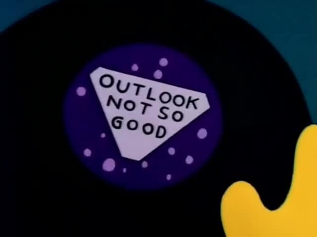 Screenshot of The Simpsons, with Bart's yellow hand holding a Magic 8-Ball displaying the message 'Outlook not so good'