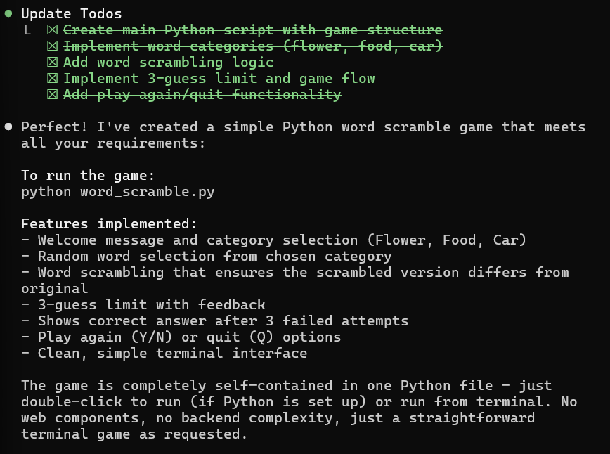 Screenshot of Claude Code showing a completed to-do list and a summary of the word scramble game features, including instructions to run the script.