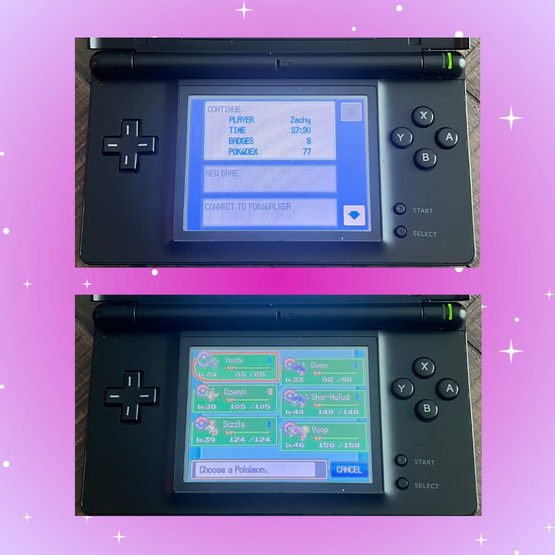 pink and purple ombre background with white sparkle graphics. There are two images of a Nintendo DS showing the game summary and Pokémon lineup. Game summary shows player name is Zachy, time played is 37:30 hours, badges collected is 8, Pokémon registered in the Pokédex is 77. Current lineup is described in text of EGGZACHLY below this image. 