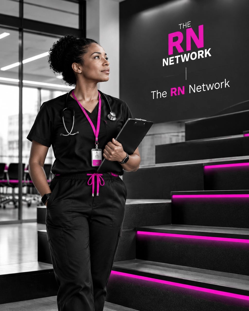 Nurse leader standing beside a staircase representing advancement beyond the clinical ladder Nurse leader standing beside a staircase representing advancement beyond the clinical ladder