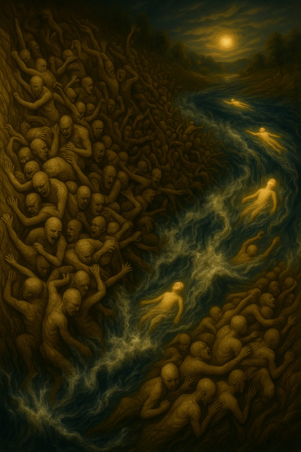 A surreal oil-style painting of a chaotic river scene. The river churns with violent rapids, its frothing waters created by countless human-like figures clinging desperately to the muddy banks and to each other. Some appear lifeless and hollow, their cracked skin blending into the earth as if they are part of the riverbank itself. Others thrash, climb, and trample, driven by fear and desperation, their clambering intensifying the turbulence. Amidst the chaos, a few luminous figures drift freely with the current, glowing with calmness and light as they are carried upstream toward a brighter, tranquil horizon.