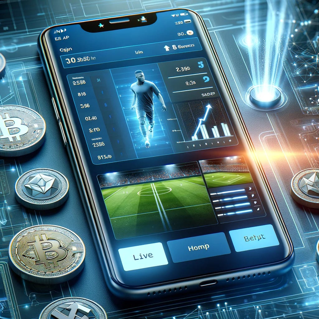 An image showing a modern, sophisticated mobile sports betting interface displayed on a smartphone. The screen should feature a sleek, user-friendly design with live sports statistics, betting options, and digital currency integration. The background should suggest an exciting, tech-savvy environment, emphasizing the concept of betting on the go.