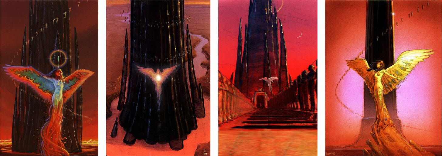 Alternate preliminary concepts for MOUNTAIN OF BLACK GLASS. From left to right: 1 - An angel with wings spread wide floats in front of glassy spikes that collectively form a tower. A feather floats above her surrounds by a starburst glow. The angel's body is light and her wings appear almost burning with psychedelic energy. 2 - Bird's eye view of an angel loosely rendered in light in front of glassy spikes that collectively form a tower. 3 - Worm's eye view across ramparts toward a tower made of glassy spikes. An angel float above and the far away tower entrance. 4 - Angled view of an angel in long gown standing upon rocks. Behind her is a tower with tiny figures winding in the air around it.