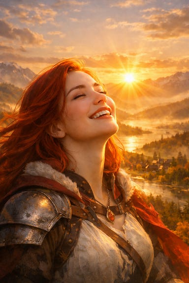 Ireena watching the dawn with transcendent joy