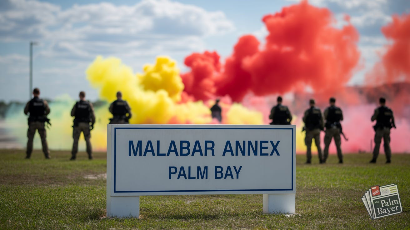 Security forces conduct a Malabar Annex training exercise in Palm Bay with colored smoke in the background. Security forces conduct a Malabar Annex training exercise in Palm Bay with colored smoke in the background.