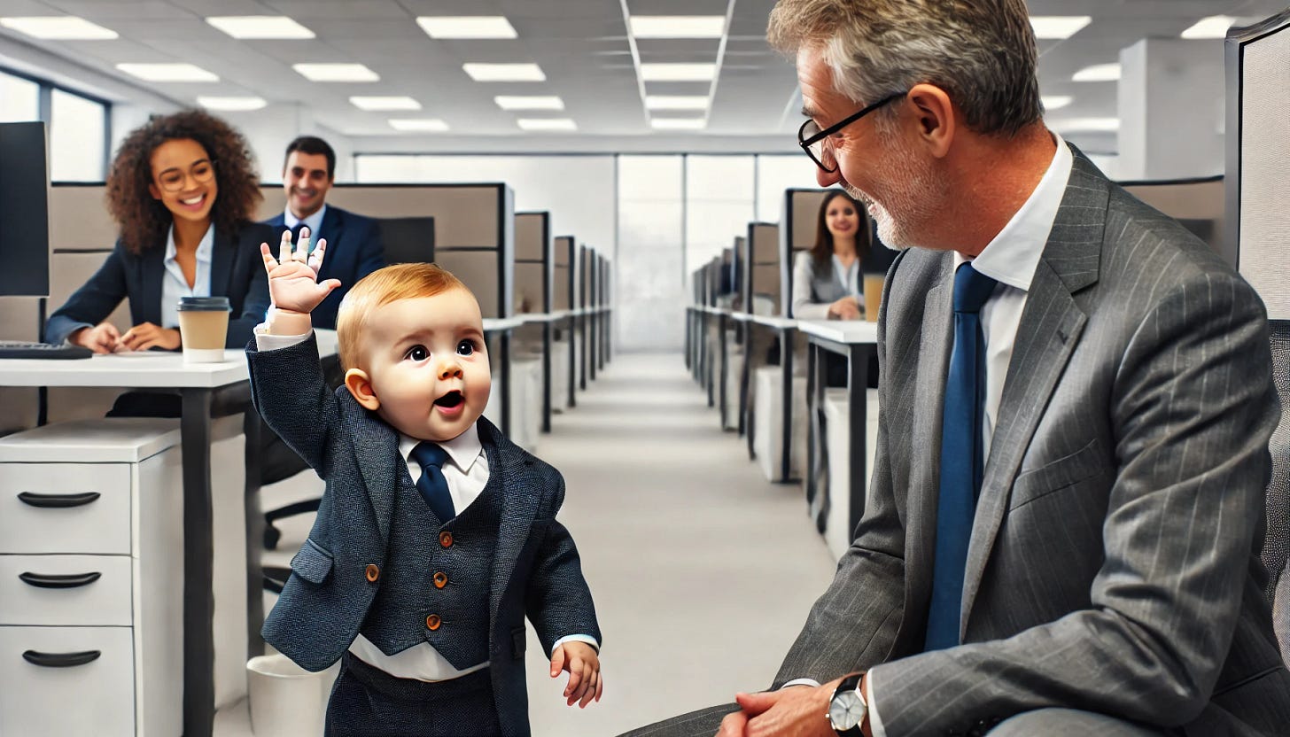 A baby in a suit raising their hand and asking a question to a senior leader at a white-collar company. The baby is standing on the floor in a professional office setting, with cubicles and desks in the background. The senior leader, dressed in business attire, looks down at the baby with a surprised and curious expression. Other employees in the background are also looking on with amused expressions.