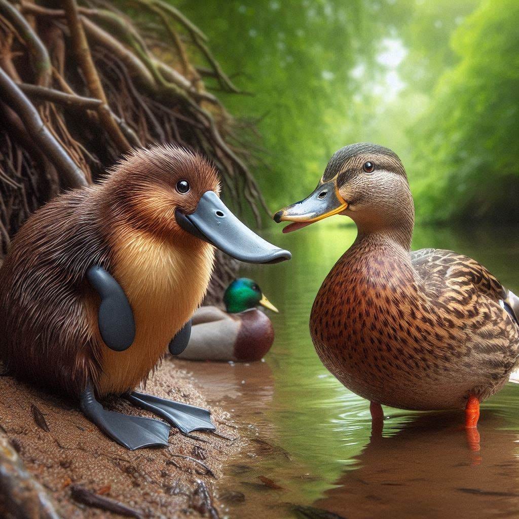 a duckbilled platypus talking to a mallard duck on the banks of a creek in England