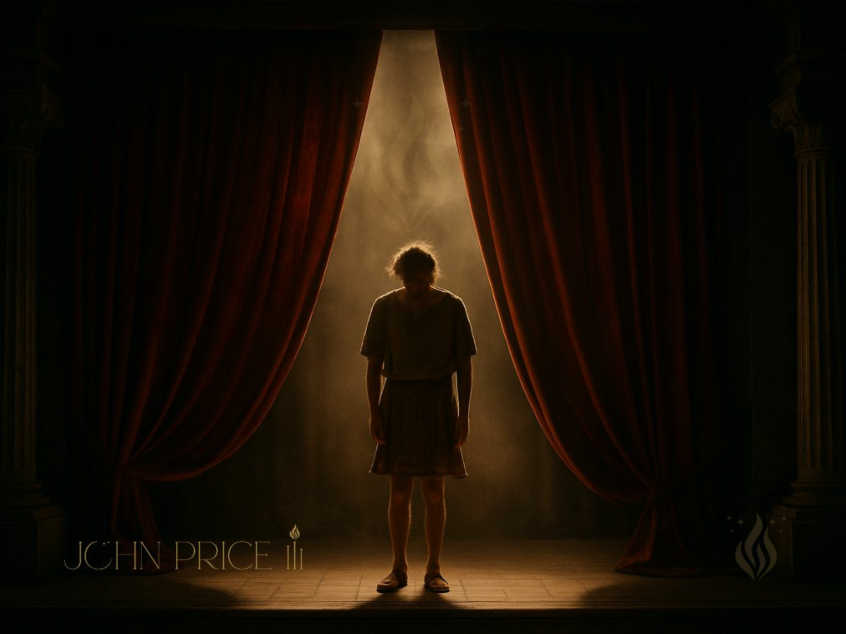 A person stands alone on a dimly lit stage between two heavy red velvet curtains that are pulled open. Golden light pours from behind them, illuminating dust in the air. Their head is bowed, posture weary, as though the performance has ended. Tall stone columns frame the scene, giving the stage a temple-like feel. The mood is vulnerable, quiet, and solemn.