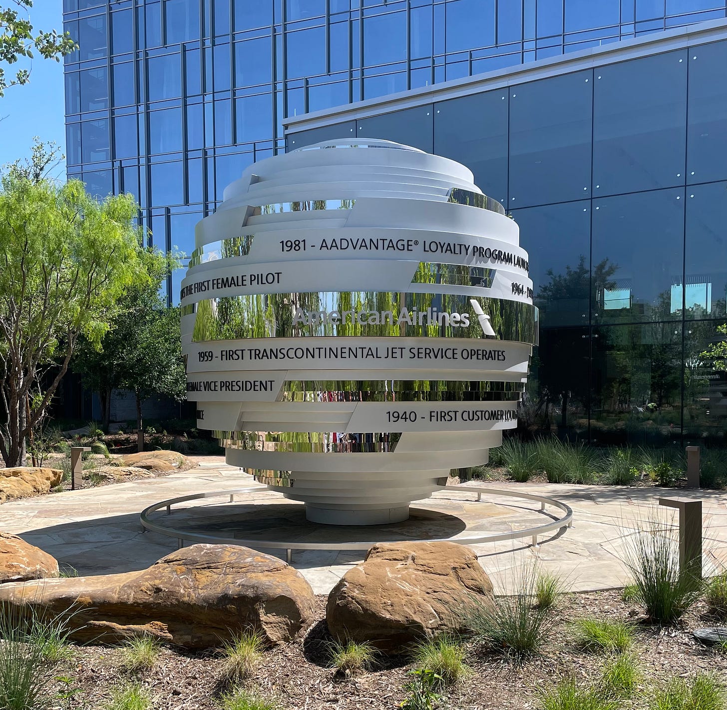 Sculpture on the new American Airlines headquarters campus celebrating the airline’s firsts