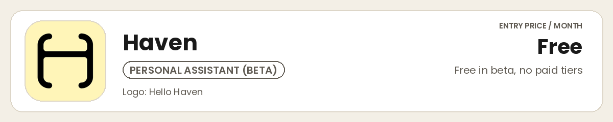 Haven logo: personal assistant in beta, free, no paid tiers Haven logo: personal assistant in beta, free, no paid tiers