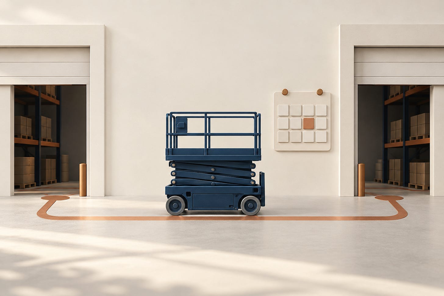 Conceptual illustration of a folded rental lift between two warehouse doors beside a blank calendar board.
