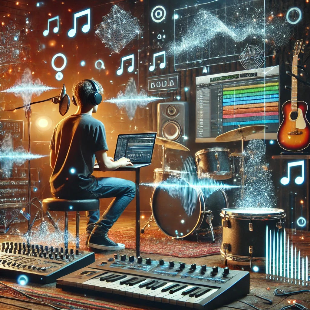 A musician surrounded by AI tools and digital interfaces, working on a music album. The musician is seen with a laptop displaying music production software and a drum set in the background. AI-generated waveforms and code-like structures float around, symbolizing the process of writing music through prompts and AI assistance. The environment combines traditional studio elements like microphones, headphones, and drum kits with futuristic, glowing digital overlays. The atmosphere is creative and modern, blending human creativity with AI technology.