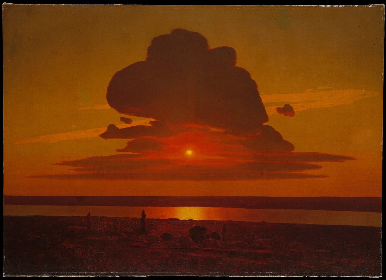 Kuindzhi's Red Sunset, a small yellow sun under a heavy dark cloud, sinking toward a flat river in a red evening Kuindzhi's Red Sunset, a small yellow sun under a heavy dark cloud, sinking toward a flat river in a red evening