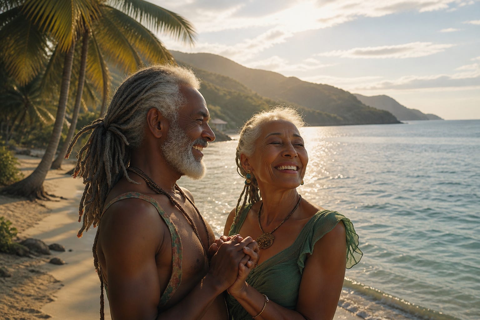An older couple enjoys a quiet moment along Jamaica’s coastline, reflecting the enduring emotional connection many diaspora families maintain with the island even during periods of global uncertainty, climate recovery and economic change. Illustration: Jamaica Homes AI Studio/Jamaica-Homes.com