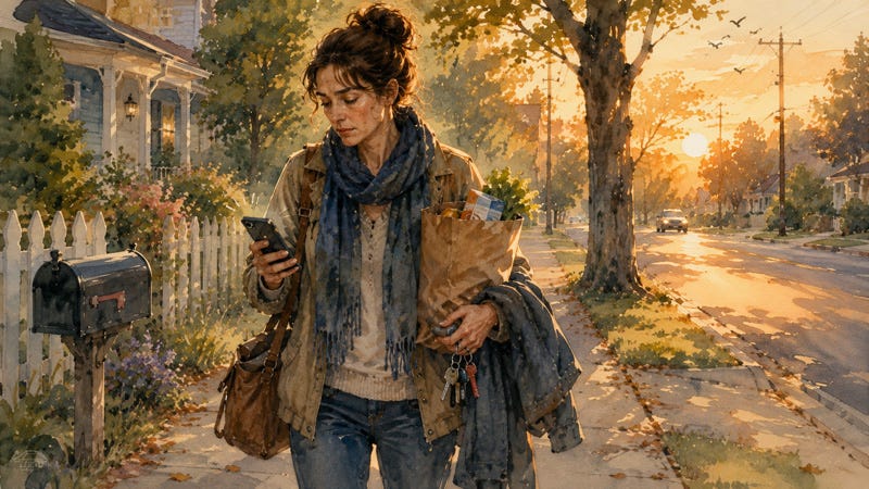 A tired woman walking home through a quiet neighborhood carrying groceries, a purse, keys, and a buzzing phone, illustrating how everyday responsibilities gradually lead to exhaustion for highly sensitive people. A tired woman walking home through a quiet neighborhood carrying groceries, a purse, keys, and a buzzing phone, illustrating how everyday responsibilities gradually lead to exhaustion for highly sensitive people.