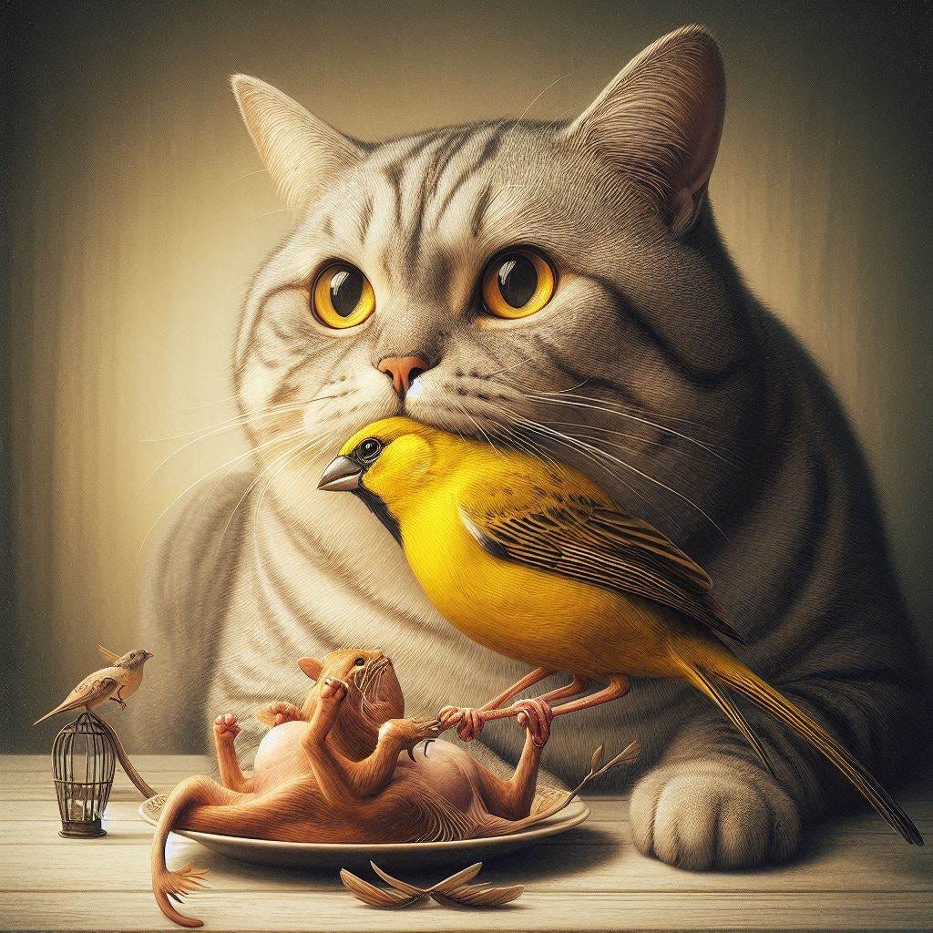 the cat that figuratively swallowed the canary photorealistic