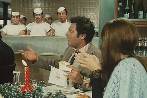 A heart-shaped pizza, as well as scenes in the pizzeria, in A Drama of Jealousy (and Other Things) OR A Pizza Triangle (1970) Italian Film | Film Flavor: A Newsletter Surveying Food in Film