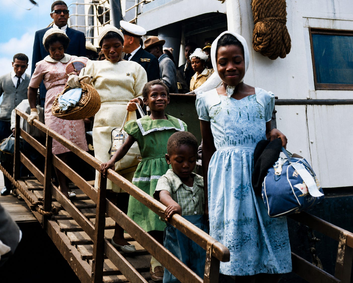 Passengers descend the gangway with quiet dignity, carrying more than luggage as they step into a new life shaped by hope, uncertainty, and resolve.