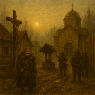 A dark fantasy image of the town square of Krezk just after dawn. The square is quiet and misty, with pale morning light filtering through the fog. The cobblestone ground is damp and glistening, and a few villagers in cloaks move slowly between buildings. The architecture is rustic and Eastern European-inspired, with wooden and stone structures, steep roofs, and shuttered windows. A small chapel stands at one end of the square, its bell tower catching the first rays of sunlight. A well sits in the center, surrounded by moss-covered stones and a few benches. The atmosphere is peaceful, somber, and slightly eerie.
