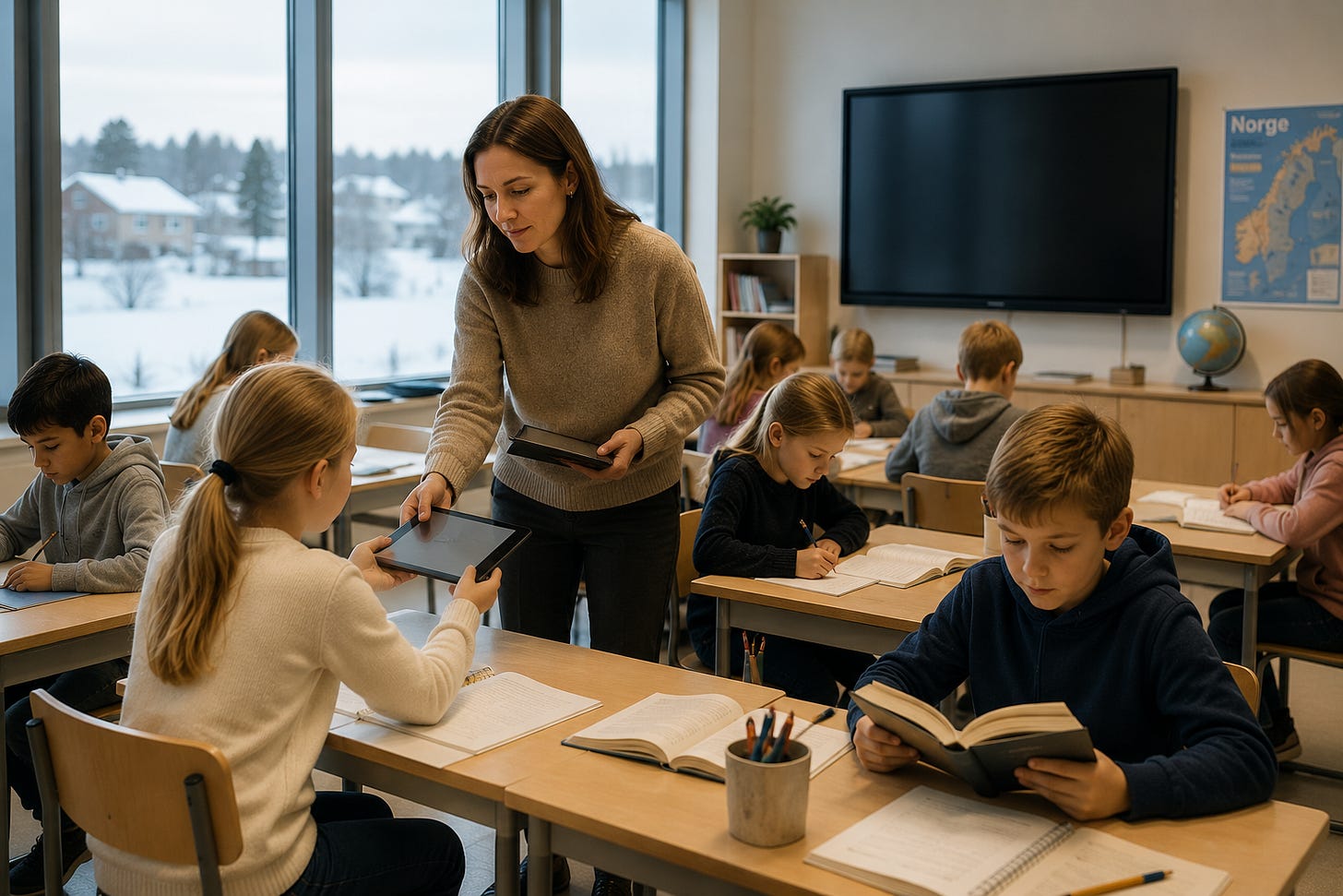 Sala de aula norueguesa com luz natural - imagem gerada por IA via ChatGPT para a Arena Tech.